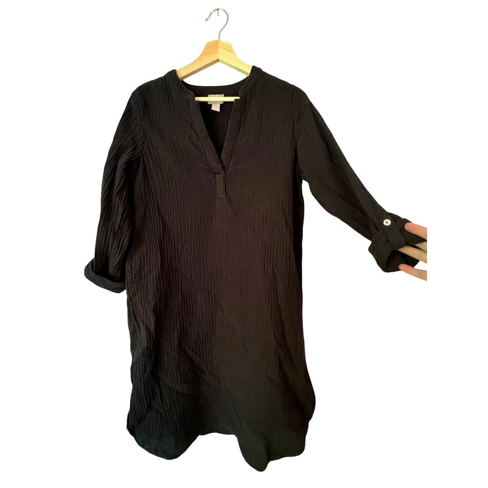 EUC Chico's Size 1 M Gauze Black Cotton Dress 3/4 Sleeve Luxury Vacation Cruise